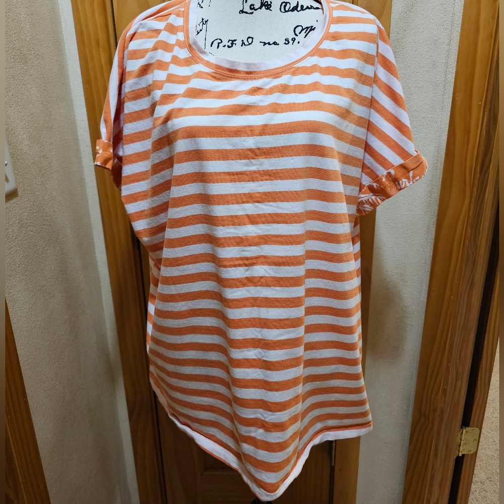 Cotton Bleu Orange/White Striped Tee, 2XL.